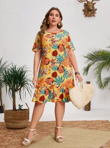 SHEIN Đầm Plus Size Viên lá sen Nhiệt đới Boho - Nhiều màu - Xem 1