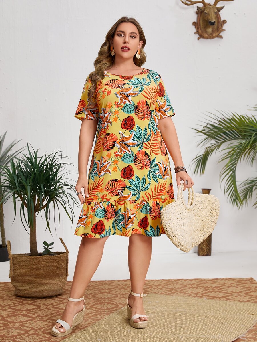 SHEIN Đầm Plus Size Viên lá sen Nhiệt đới Boho - Nhiều màu - Xem 1