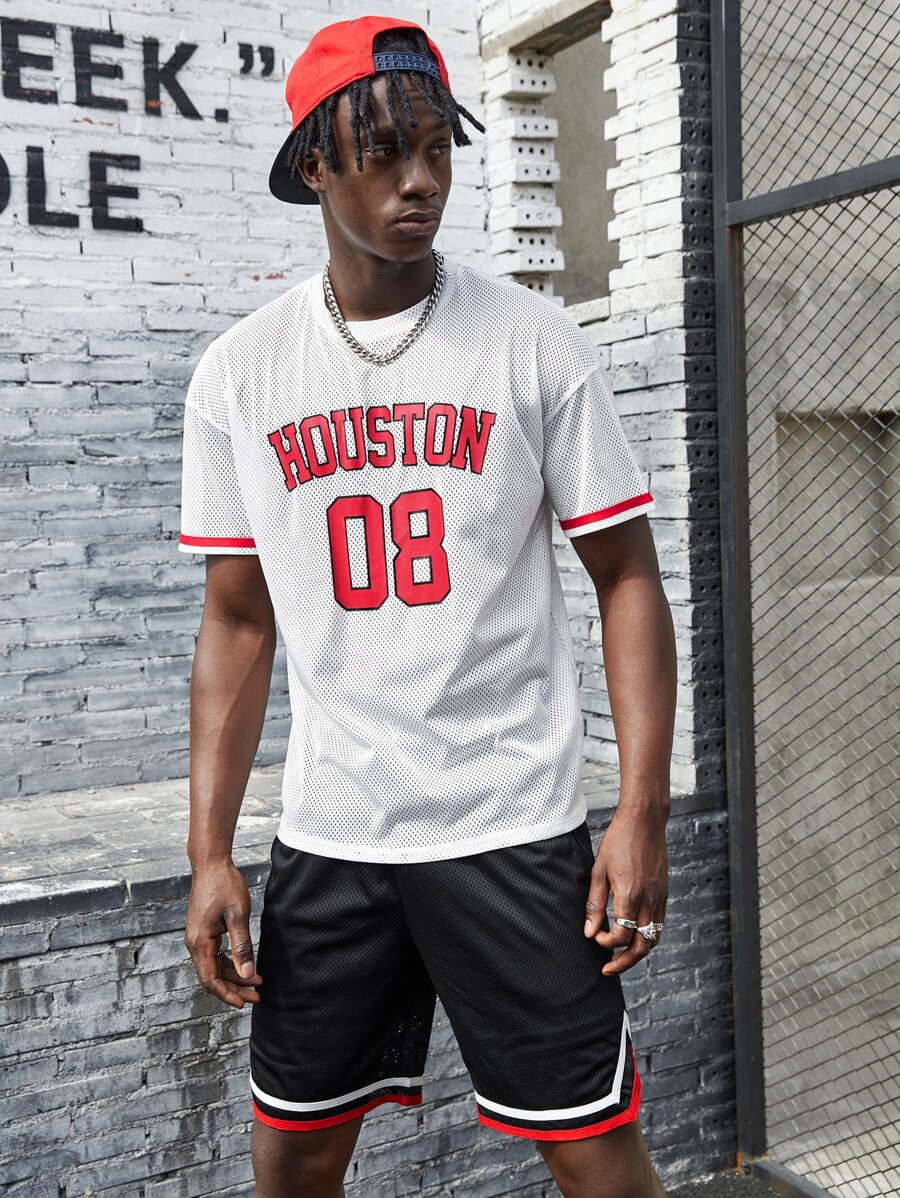 Manfinity Men Varsity Print Mesh Top And Shorts Set - Black and White - View 1