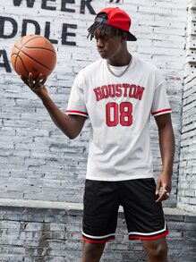 Manfinity Men Varsity Print Mesh Top And Shorts Set - Black and White - View 2