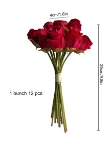 1支/12支人造玫瑰花，絲質玫瑰花枝，假玫瑰花束，適用於DIY插花裝飾，家庭婚禮派對桌面裝飾，新娘花束 - 紅色 - 查看 3