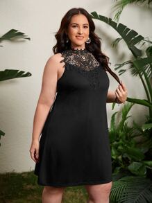 SHEIN 大碼提花蕾絲肩部後鎖孔洋裝 - 黑色 - 查看 5