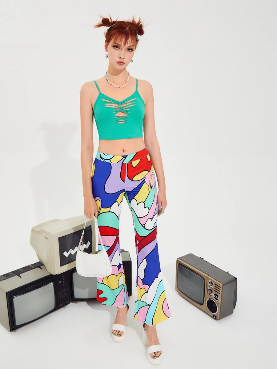 SHEIN Graphic Print Flare Leg Trousers - Multicolor - View 1