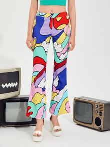 SHEIN Graphic Print Flare Leg Trousers - Multicolor - View 2