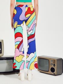 SHEIN Graphic Print Flare Leg Trousers - Multicolor - View 3