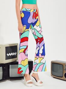 SHEIN Graphic Print Flare Leg Trousers - Multicolor - View 4