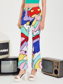 SHEIN Graphic Print Flare Leg Trousers - Multicolor - View 5