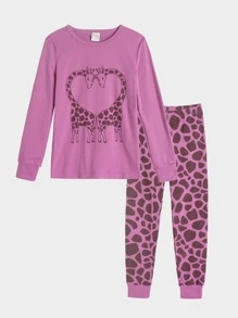 Girls Giraffe Print Tee and Pants Snug Fit Lounge Set - Multicolor - View 1