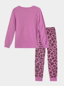 Girls Giraffe Print Tee and Pants Snug Fit Lounge Set - Multicolor - View 2