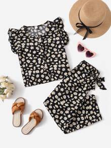 SHEIN Bộ hai mảnh Gái Thắt lưng Xù Nút phía trước Hoa Tất cả trên in Boho - Nhiều màu - Xem 1