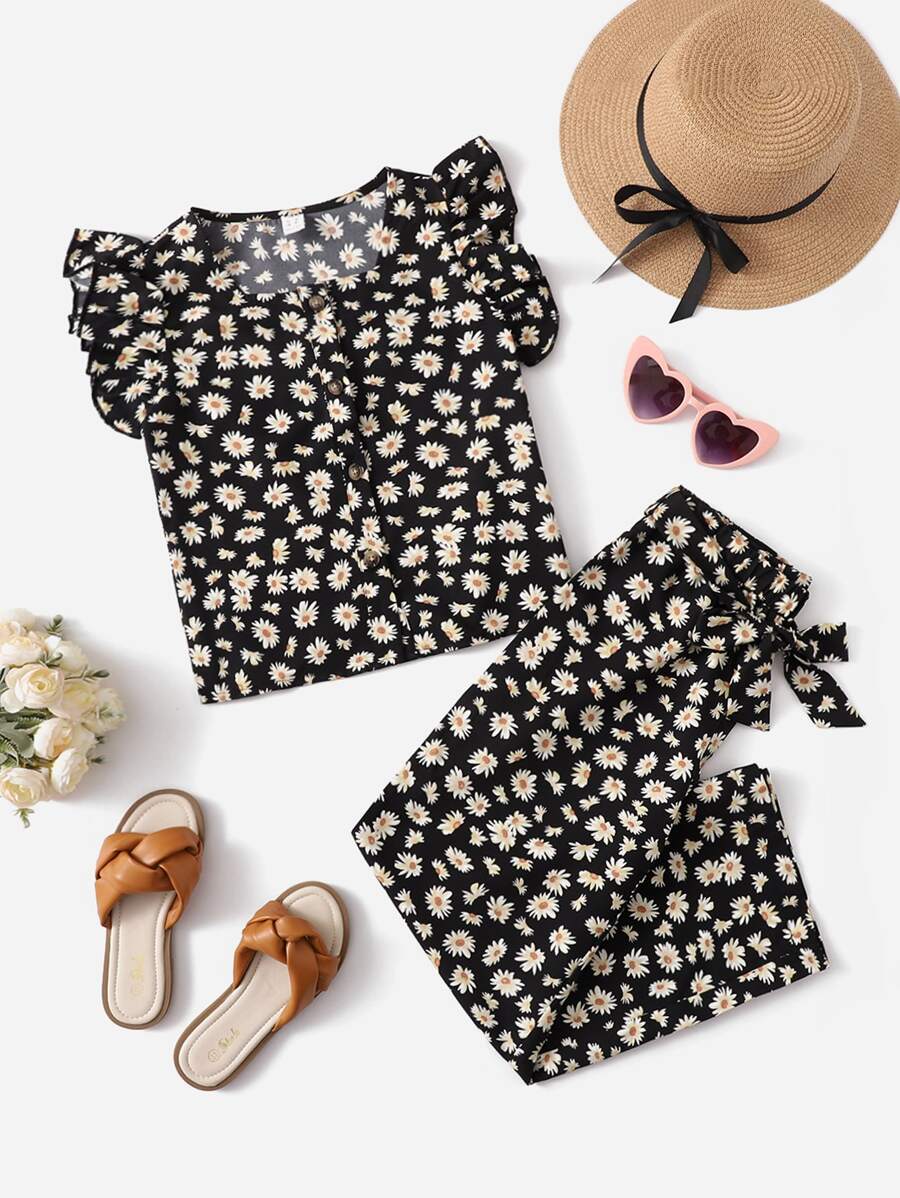 SHEIN Bộ hai mảnh Gái Thắt lưng Xù Nút phía trước Hoa Tất cả trên in Boho - Nhiều màu - Xem 1