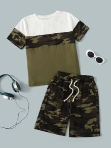 SHEIN Boys Camo Print Tee & Drawstring Waist Shorts - Army Green - View 1