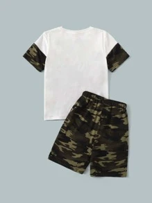 SHEIN Boys Camo Print Tee & Drawstring Waist Shorts - Army Green - View 2