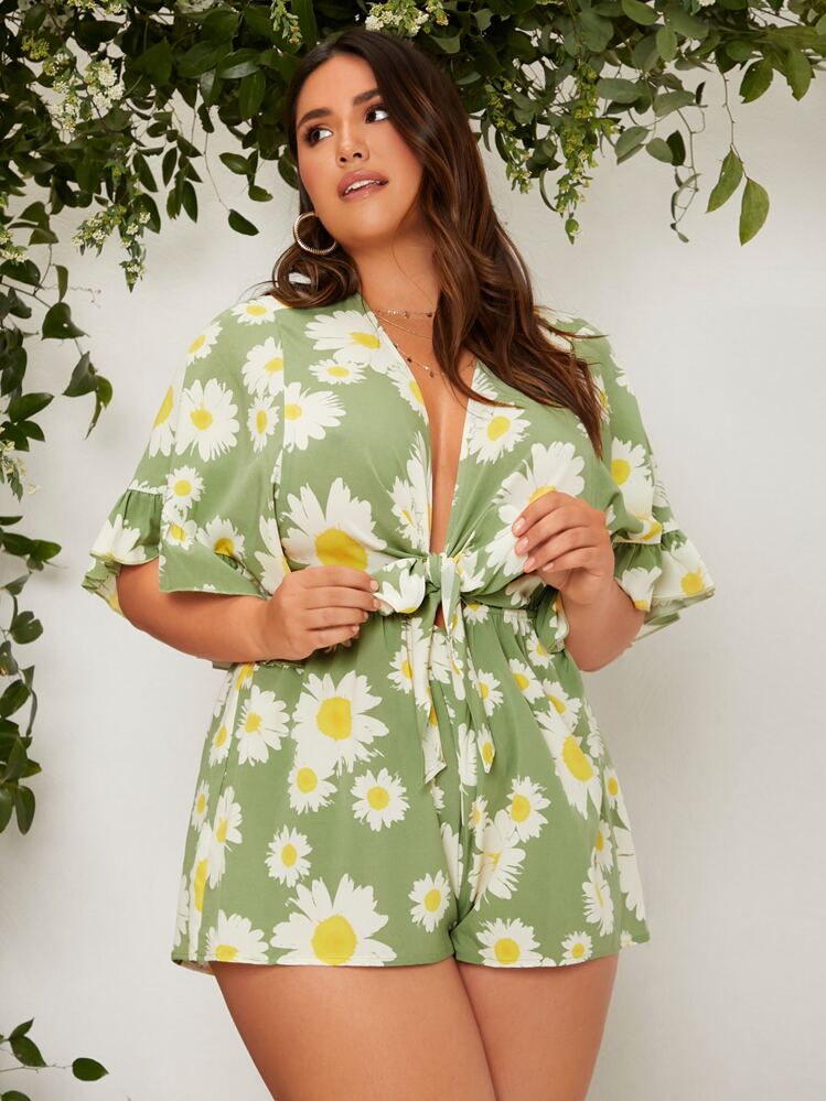 Dreamara Plus Size Boho Ruffle Trim Tie Front Floral Print Romper, For Summer - Multicolor - View 2