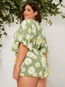 Dreamara Plus Size Boho Ruffle Trim Tie Front Floral Print Romper, For Summer