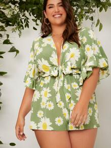 Dreamara Plus Size Boho Ruffle Trim Tie Front Floral Print Romper, For Summer