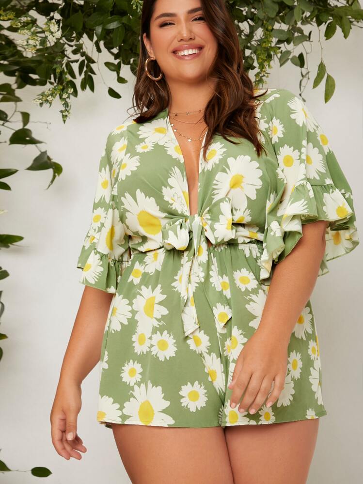 Dreamara Plus Size Boho Ruffle Trim Tie Front Floral Print Romper, For Summer - Multicolor - View 6