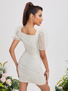 SHEIN VCAY 波卡圓點泡泡袖網紗洋裝 - 米色 - 查看 2