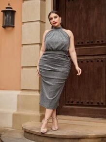 SHEIN Privé Plus Slit Hem Ruched Halter Neck Metallic Dress - Dark Grey - View 1