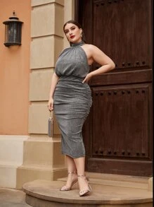SHEIN Privé Plus Slit Hem Ruched Halter Neck Metallic Dress - Dark Grey - View 4