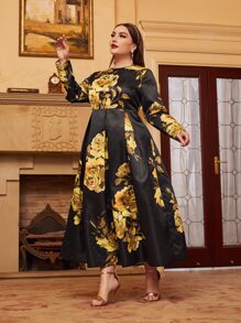 Modelyn Plus Floral Print Fold Pleated Dress - Black - View 2