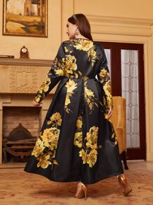 Modelyn Plus Floral Print Fold Pleated Dress - Black - View 3