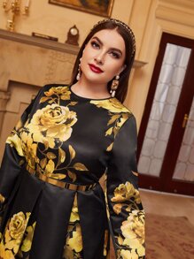Modelyn Plus Floral Print Fold Pleated Dress - Black - View 4