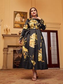 Modelyn Plus Floral Print Fold Pleated Dress - Black - View 1