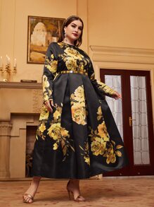 Modelyn Plus Floral Print Fold Pleated Dress - Black - View 5