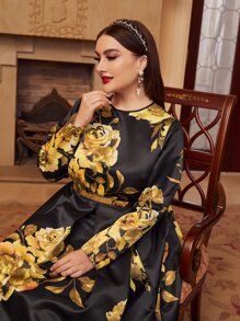 Modelyn Plus Floral Print Fold Pleated Dress - Black - View 6