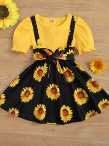 SHEIN Đầm bé gái Thắt lưng viền lá sen Gân đan Hoa Boho - Nhiều màu - Xem 1