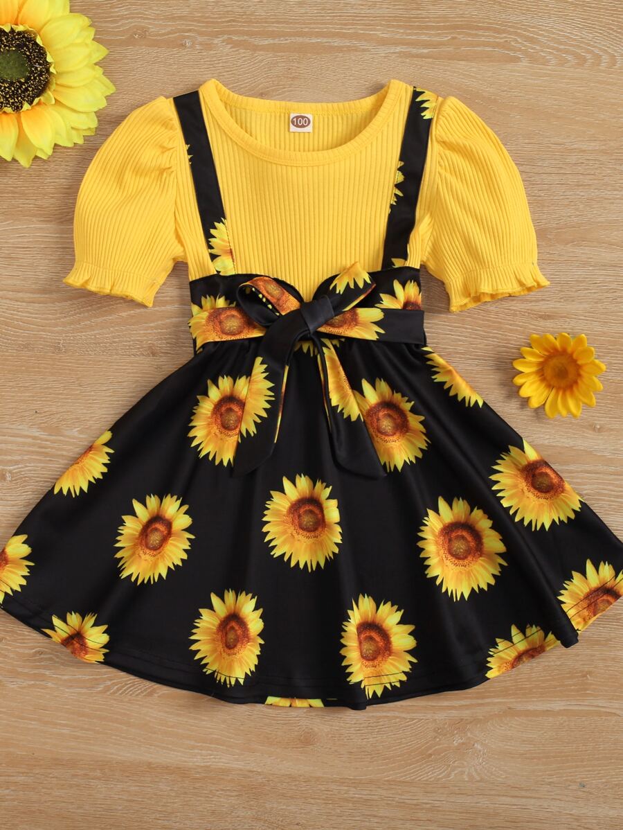 SHEIN Đầm bé gái Thắt lưng viền lá sen Gân đan Hoa Boho - Nhiều màu - Xem 1