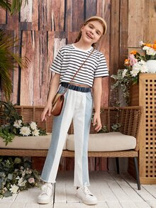 Niñas de rayas Camiseta con bajo crudo unido Jeans - Multicolor - Ver 1