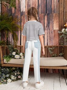 Niñas de rayas Camiseta con bajo crudo unido Jeans - Multicolor - Ver 2