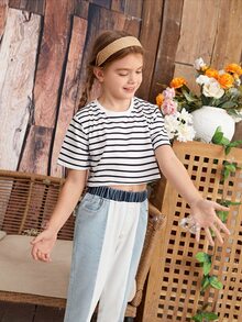 Niñas de rayas Camiseta con bajo crudo unido Jeans - Multicolor - Ver 3