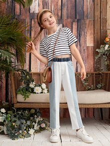 Niñas de rayas Camiseta con bajo crudo unido Jeans - Multicolor - Ver 4