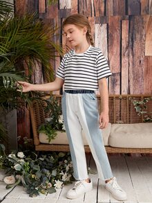 Niñas de rayas Camiseta con bajo crudo unido Jeans - Multicolor - Ver 5