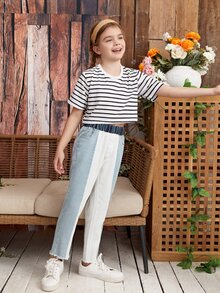 Niñas de rayas Camiseta con bajo crudo unido Jeans - Multicolor - Ver 6