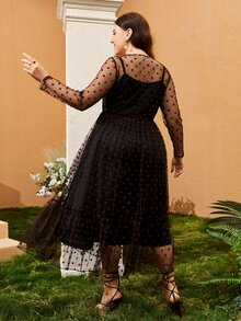 SHEIN Đầm Plus Size Tương phản Mesh Viên lá sen Tim Hấp dẫn - màu đen - Xem 2