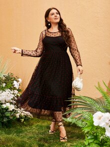 SHEIN Đầm Plus Size Tương phản Mesh Viên lá sen Tim Hấp dẫn - màu đen - Xem 3