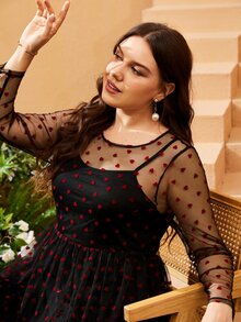 SHEIN Đầm Plus Size Tương phản Mesh Viên lá sen Tim Hấp dẫn - màu đen - Xem 4