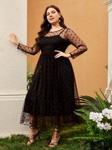 SHEIN Đầm Plus Size Tương phản Mesh Viên lá sen Tim Hấp dẫn - màu đen - Xem 5