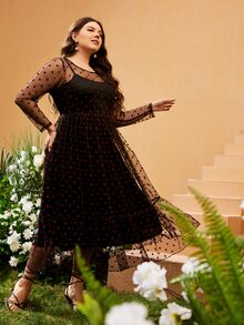 SHEIN Đầm Plus Size Tương phản Mesh Viên lá sen Tim Hấp dẫn - màu đen - Xem 6