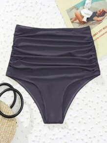 Ruched High Waisted Bikini Bottom, For Summer Beach Vacation - Dusty Purple - View 1