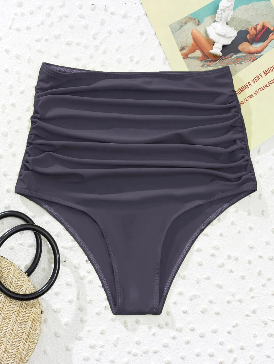 Ruched High Waisted Bikini Bottom, For Summer Beach Vacation - Dusty Purple - View 1