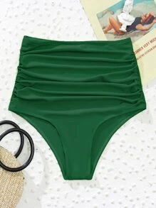Ruched High Waisted Bikini Bottom, For Summer Beach Vacation - Dark Green - View 1