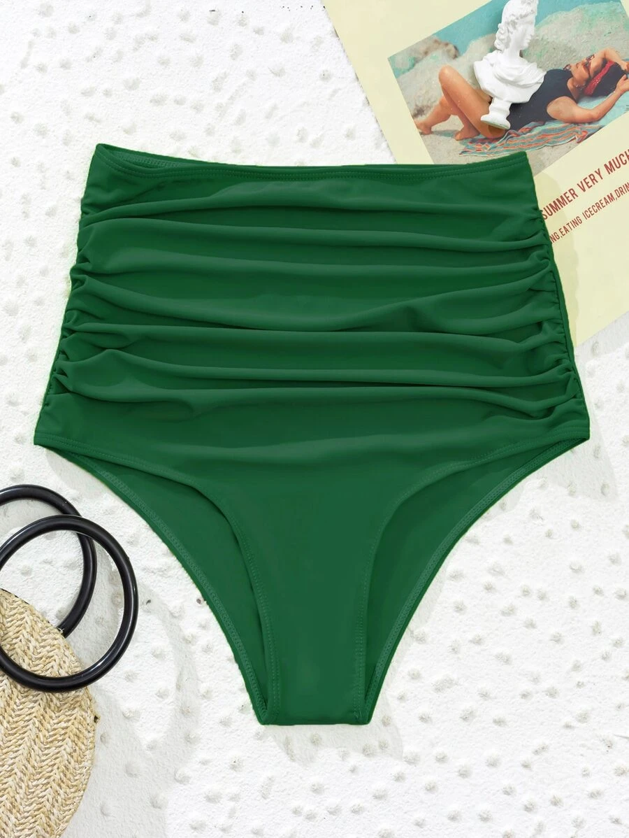 Ruched High Waisted Bikini Bottom, For Summer Beach Vacation - Dark Green - View 1