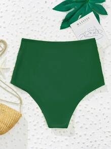 Ruched High Waisted Bikini Bottom, For Summer Beach Vacation - Dark Green - View 2