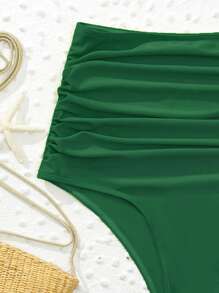 Ruched High Waisted Bikini Bottom, For Summer Beach Vacation - Dark Green - View 4
