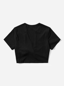 SHEIN EZwear Tie Front Crop Deep Collar Short Sleeves Top - Black - View 2